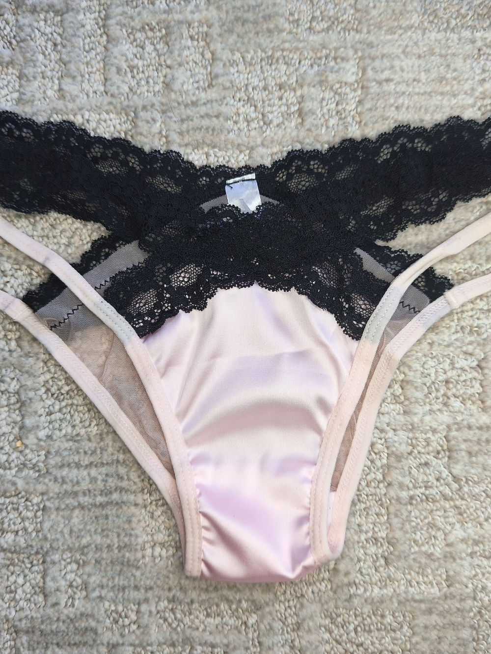 Sexy Pink Satin Black Lace Thong Panties Strappy Bikini Underwear with Bows S